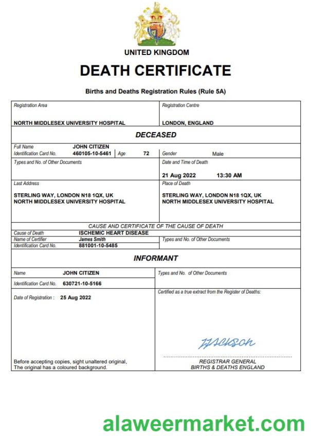 United Kingdom vital record death certificate Word and PDF template